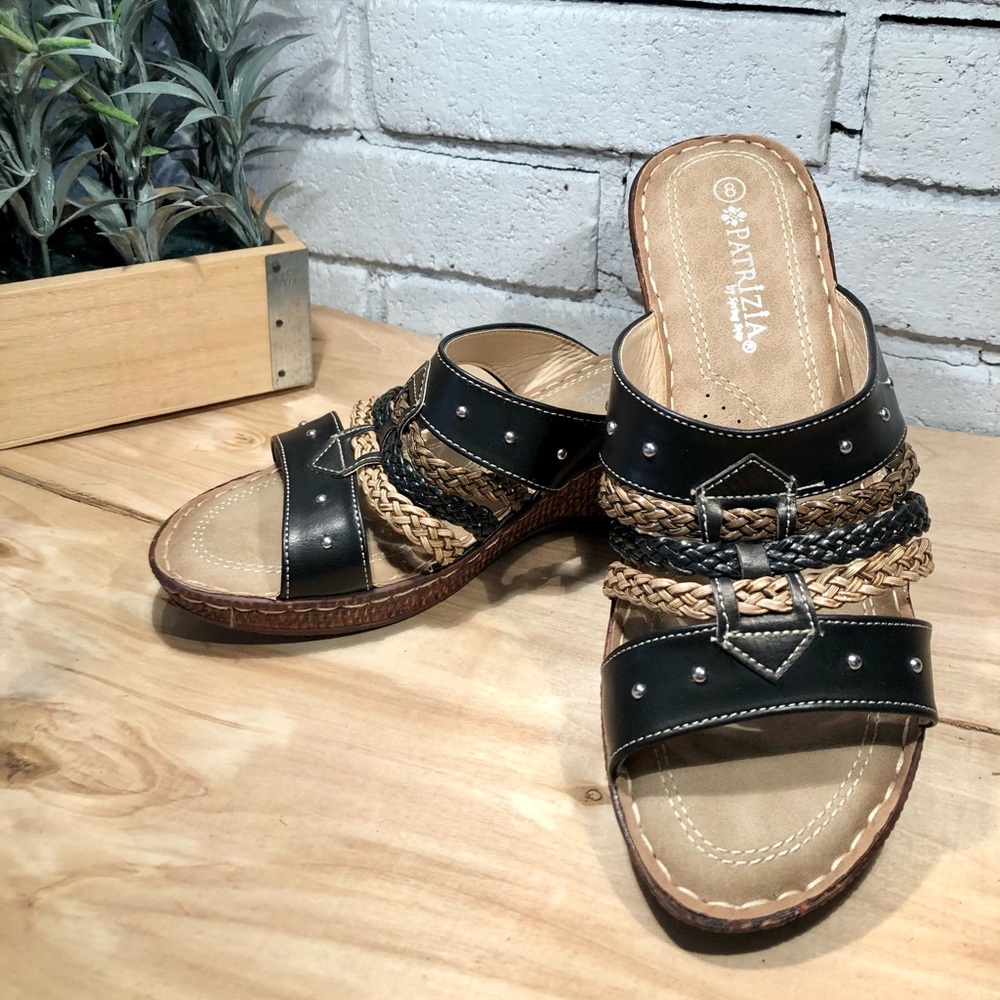 NWOB • Patrizia by Spring Step • Black and Tan wedge sandals size 8